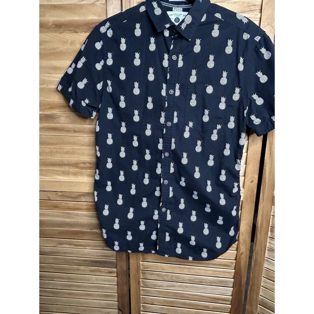Denim & Flowers Men's Button Down Short Sleeve Shirt Black Pineapple Slim Fit S
